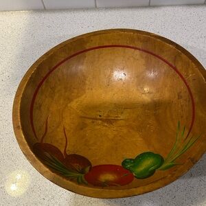 Vintage Wooden Bowl with Painted Vegetables
